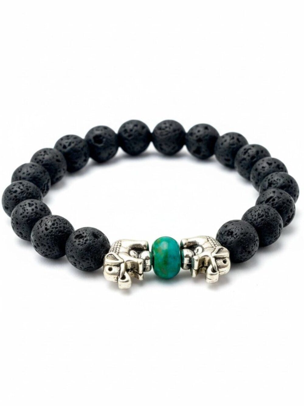 Black Lava Aromatherapy Bracelet Green Stone Silver Elephant Accents